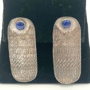 Vtg. Silver Symbolic Stamped Oval Tablet Faux Lapis Lazuli Earrings Signed LKM